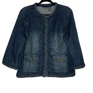 Chico’s Additions‎ acid washed denim jacket with braiding detail. Size L